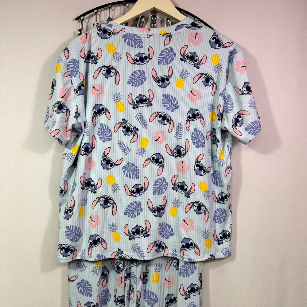 Disney Stitch Tropical Ribbed Pajama Set Womens Small Blue Henley Top Pants 2pc